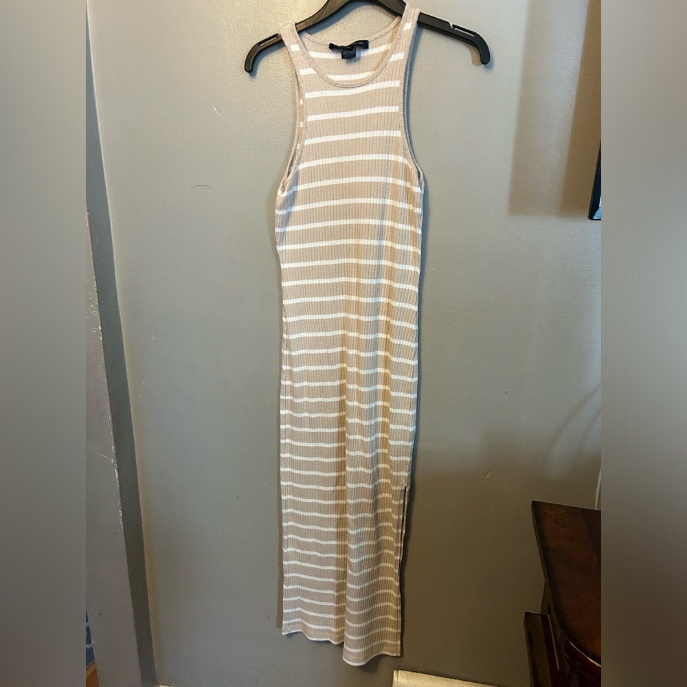 French Connection dress - beige/white striped ribbed sleeveless bodycon maxi